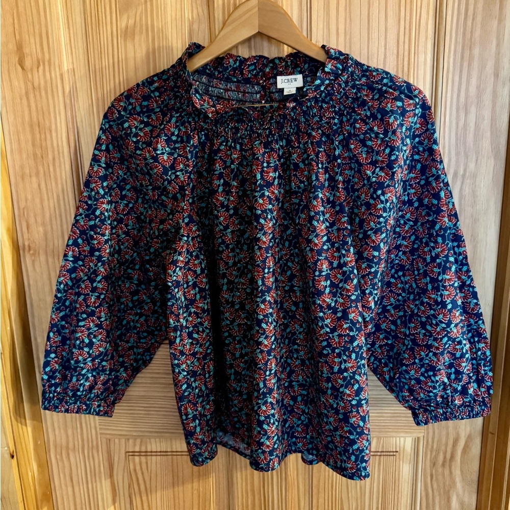 J. Crew Navy Floral Smocked Neck Top with Red & Teal Accents - size S